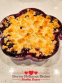 Completed Blueberry Apple Crumble in a Le Creuset Flower pot.