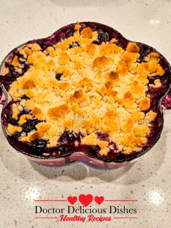 Completed Blueberry Apple Crumble in a Le Creuset Flower pot.