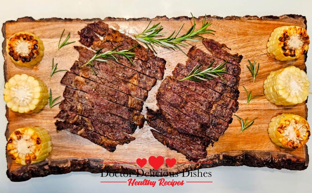 A delicious serving of thin-cut grilled ribeye steaks paired with crispy sweet potato fries and grilled corn on the cob, beautifully presented on a white plate with a rustic wooden background.