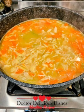 Pot of chicken noodle soup.