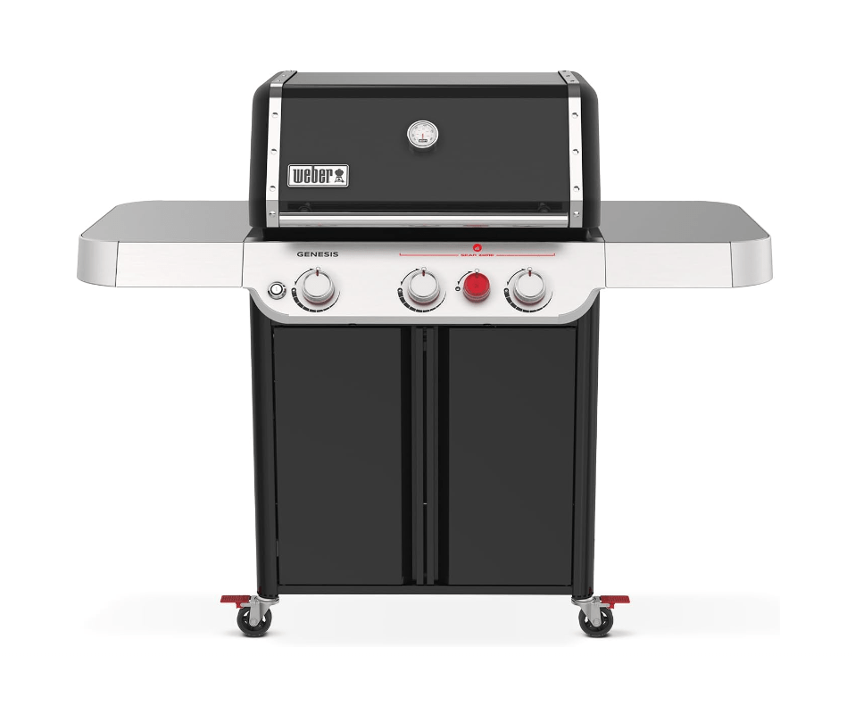 Weber Genesis E-325 Liquid Propane Grill in black, featuring three control knobs and a side burner, with a sleek design including side tables and a built-in thermometer on the lid.