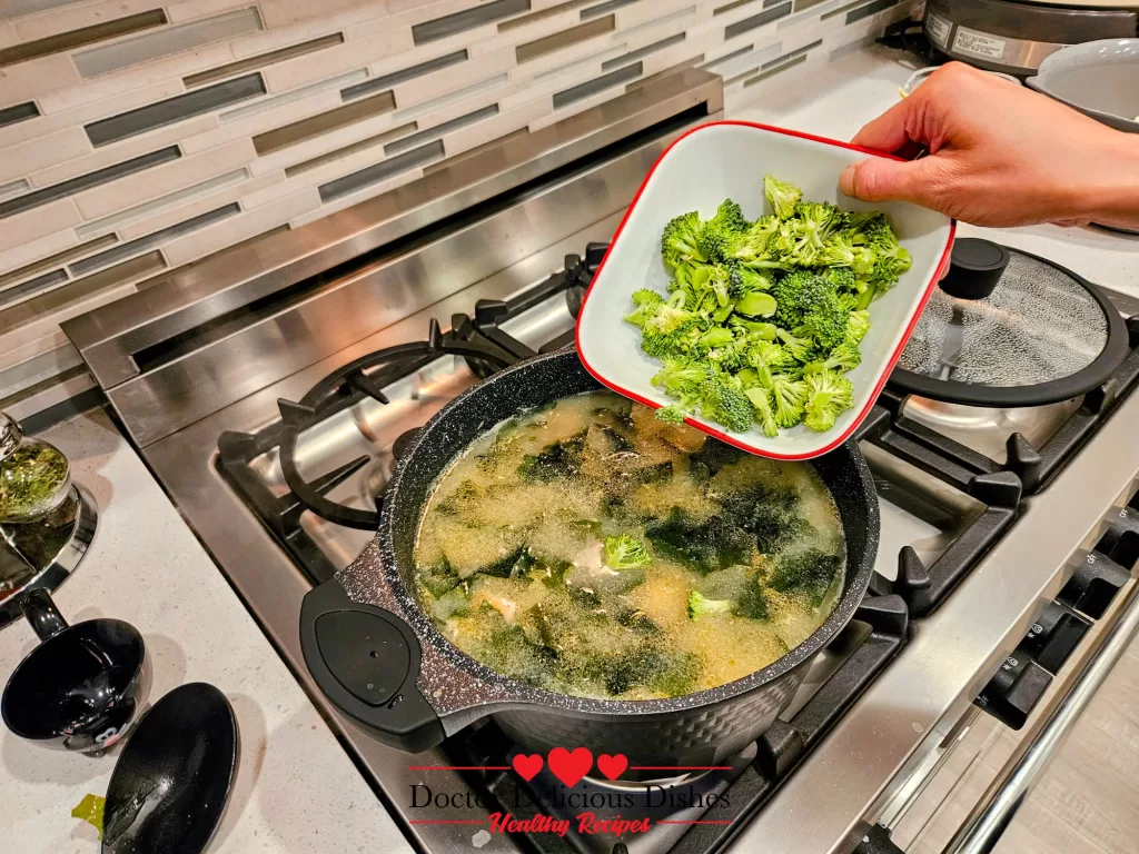 The fourth image features fresh broccoli florets being added to the soup for the Savory Salmon Tofu Miso Soup with Broccoli.