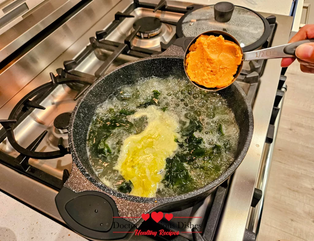 The second image captures miso paste being added to the pot for the Savory Salmon Tofu Miso Soup with Broccoli.