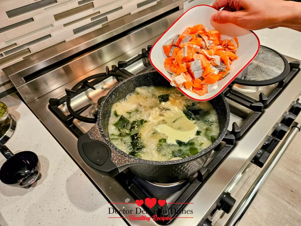 The third image displays diced salmon being poured into the simmering pot for the Savory Salmon Tofu Miso Soup with Broccoli.