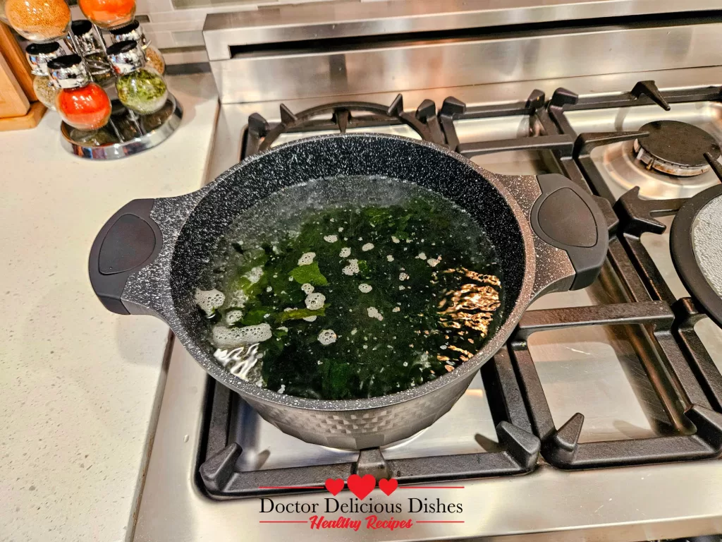 The first image shows a pot of boiling water with seaweed for the Savory Salmon Tofu Miso Soup with Broccoli.