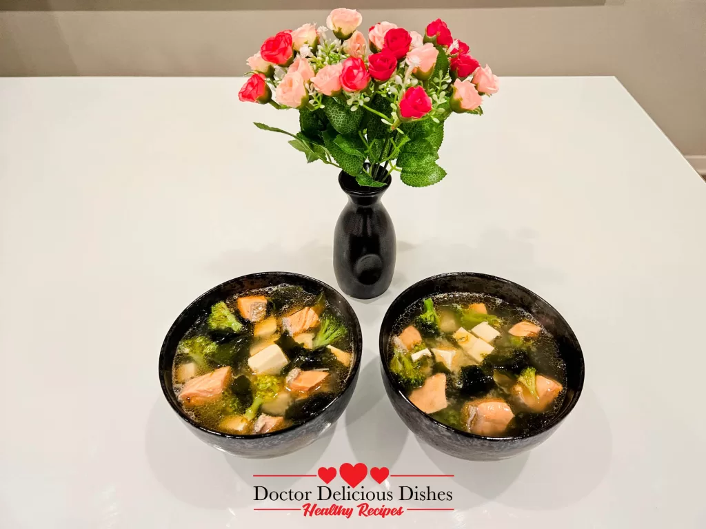 The seventh image displays two bowls of Savory Salmon Tofu Miso Soup with Broccoli, beautifully served and garnished.