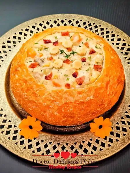 A beautifully plated bread bowl filled with the Best Classic New England Clam Chowder Recipe with a Twist, garnished with crispy bacon, thyme, and oyster crackers.