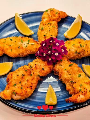 Crispy Air Fryer Chicken Tenders beautifully plated on a blue dish with lemon wedges and garnished with fresh parsley. Part of Air Fryer Recipes.