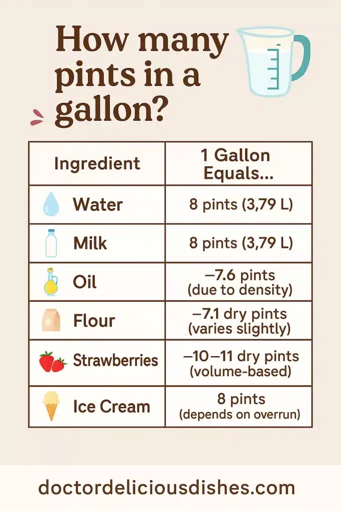 A graphic of How Many Pints in a Gallon for Doctor Delicious Dishes. Including, Water, Milk, Oil, Flour, Strawberries, and Ice Cream including metric conversions from gallons to pints and liters.