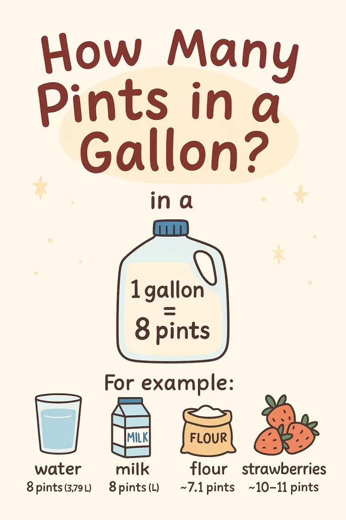 A graphic of How Many Pints in a Gallon for Doctor Delicious Dishes. Including, Water, Milk, Flour, and Strawberries, including metric conversions from gallons to pints and liters.