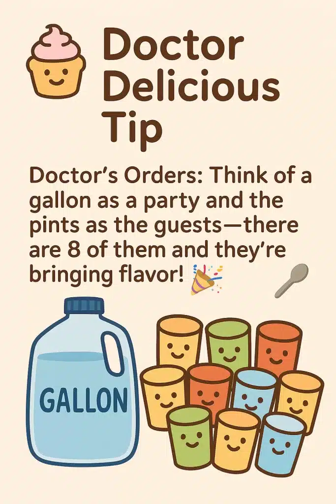 Illustration of a cheerful gallon jug surrounded by eight colorful smiling pint cups, with the text "Doctor’s Orders: Think of a gallon as a party and the pints as the guests—there are 8 of them and they’re bringing flavor!" Decorative accents include a smiling cupcake, confetti, and a spoon, styled in warm pastel tones.