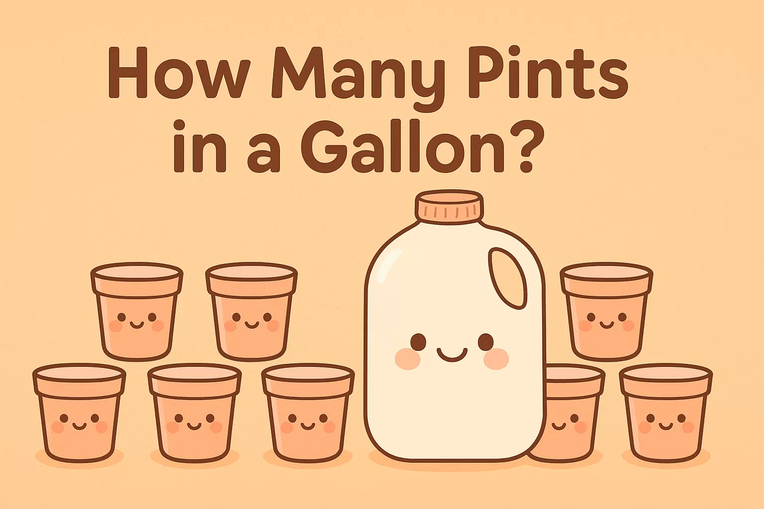 Kawaii gallon jug with eight smiling pint cups — featured image for ‘How Many Pints in a Gallon?’ on Doctor Delicious Dishes.