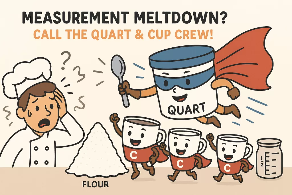 Superhero quart and four flying cups helping a worried chef solve a kitchen measurement problem - how many cups in a quart