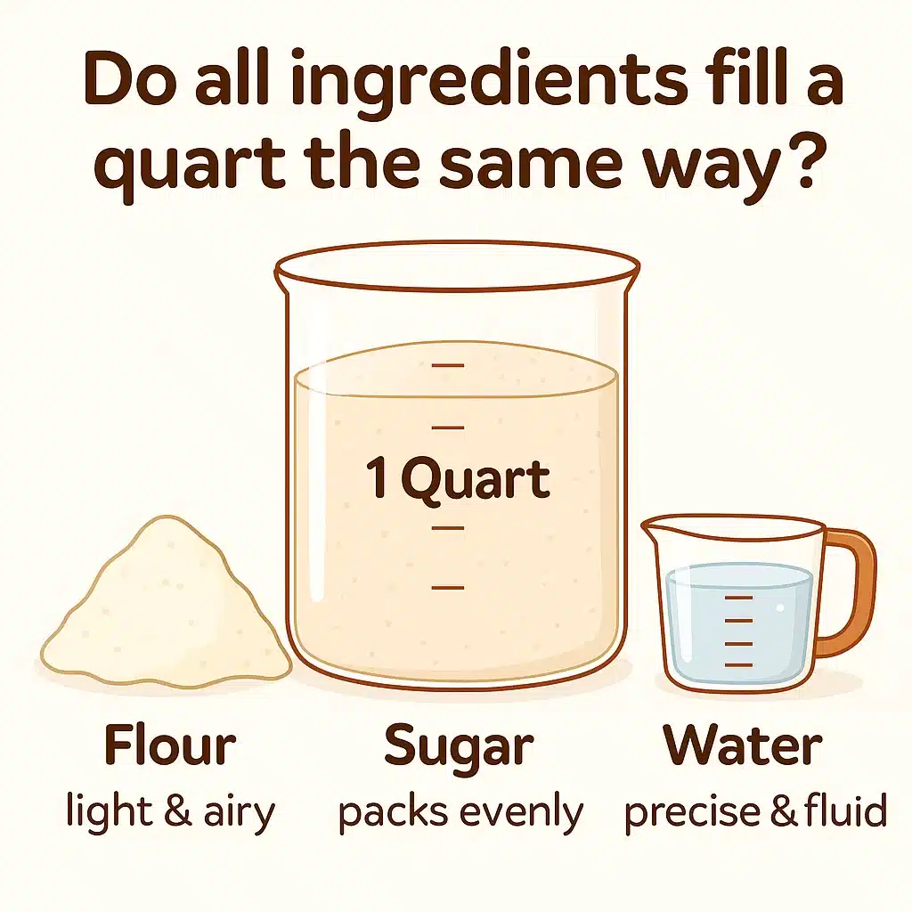 Sugar, flour, and water displayed side by side showing how different ingredients fill a quart differently for how many cups in a quart