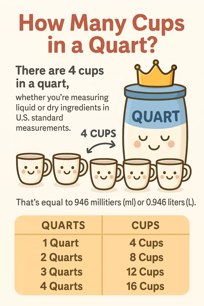 Cute quart container with crown and four smiling cups showing 1 quart equals 4 cups with metric equivalents for how many cups in a quart