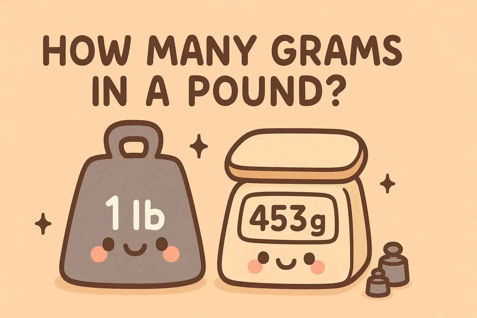 Cute one-pound weight and digital scale showing 453 grams — featured image for ‘How Many Grams in a Pound?’ on Doctor Delicious Dishes.