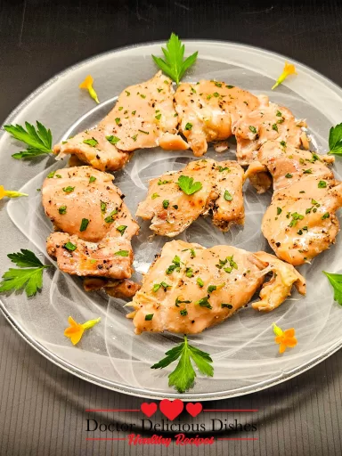 Plated Instant Pot Chicken Thighs garnished with parsley and flowers for serving