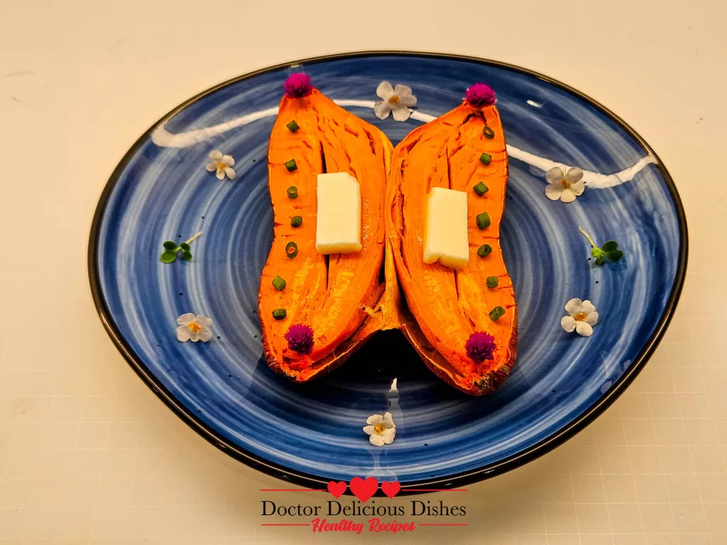 Microwave sweet potato topped with butter and fresh chopped green onions