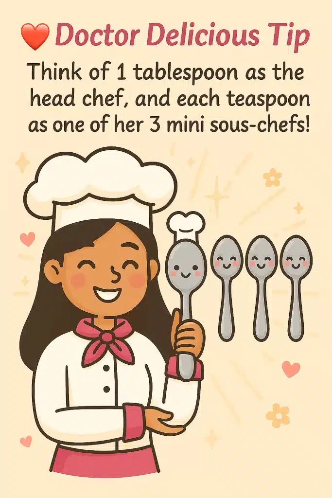 Doctor Delicious Tip image showing an Asian female chef smiling while holding a tablespoon, with three cute teaspoons beside her representing mini sous-chefs.