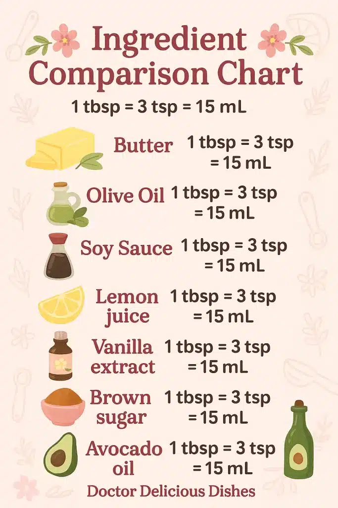 Ingredient comparison chart listing 1 tablespoon equals 3 teaspoons or 15 mL, with butter, olive oil, soy sauce, lemon juice, vanilla extract, brown sugar, and avocado oil.