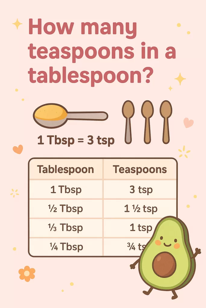 Conversion chart showing how many teaspoons are in a tablespoon, with cute spoons and an avocado character, including 1 tablespoon = 3 tsp, ½ tablespoon = 1½ tsp, and more.
