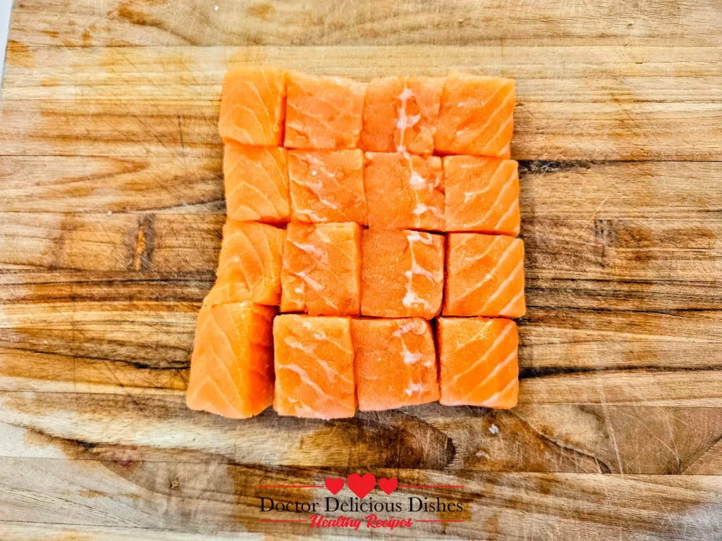 Salmon cut into bite-sized cubes for Air Fryer Salmon Bites