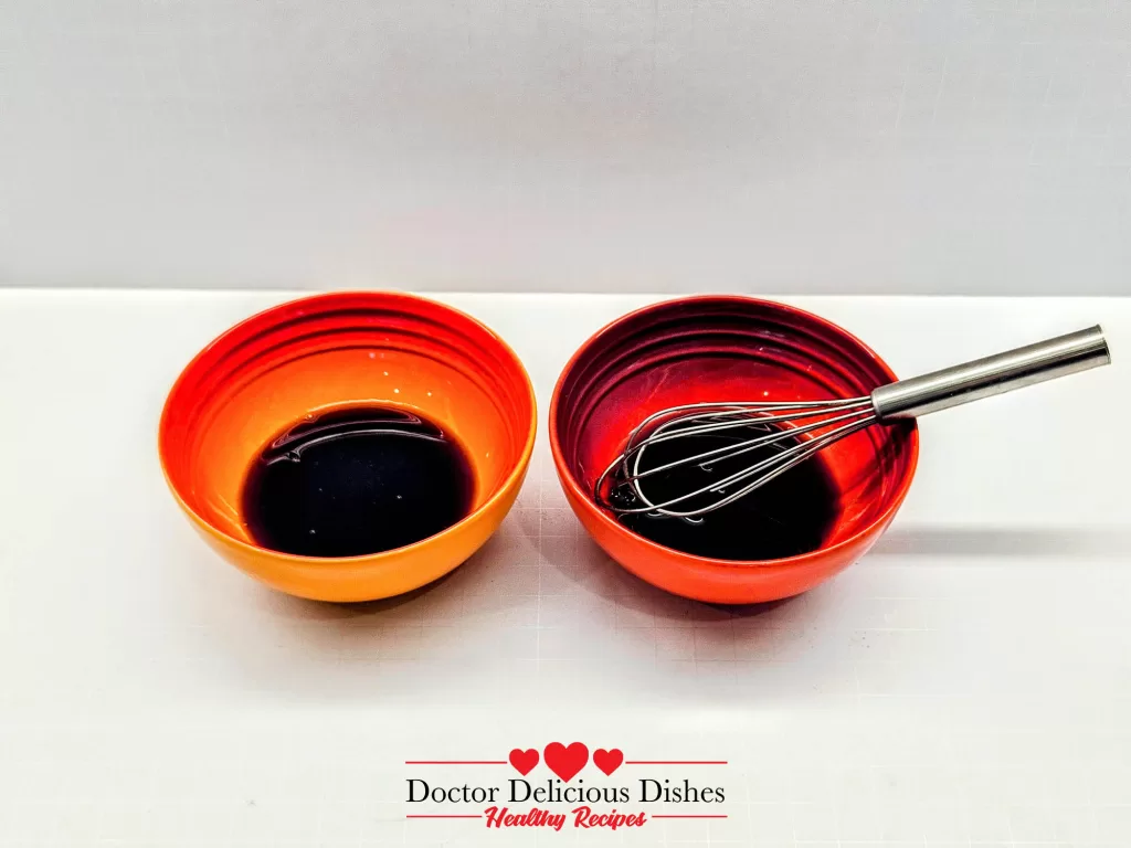 Whisking soy sauce and mirin to make teriyaki glaze for Air Fryer Salmon.