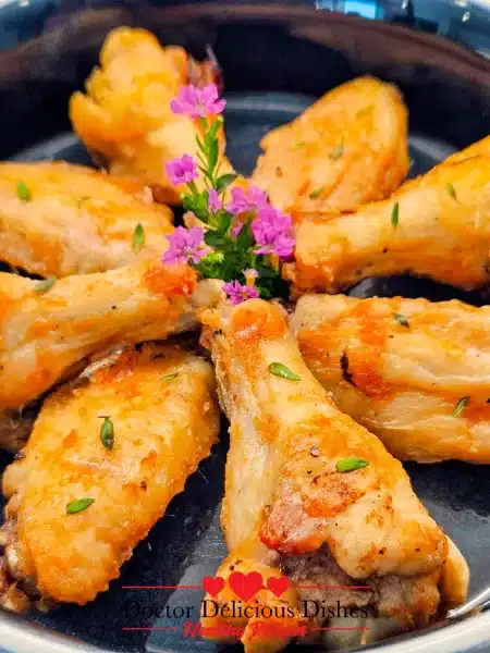 Close-up shot of golden brown air fryer chicken wings garnished with thyme and edible flowers.