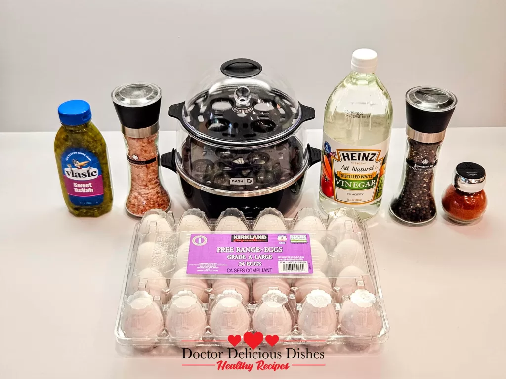 Deviled Eggs Recipe – fresh eggs in carton with seasonings and cooking equipment ready