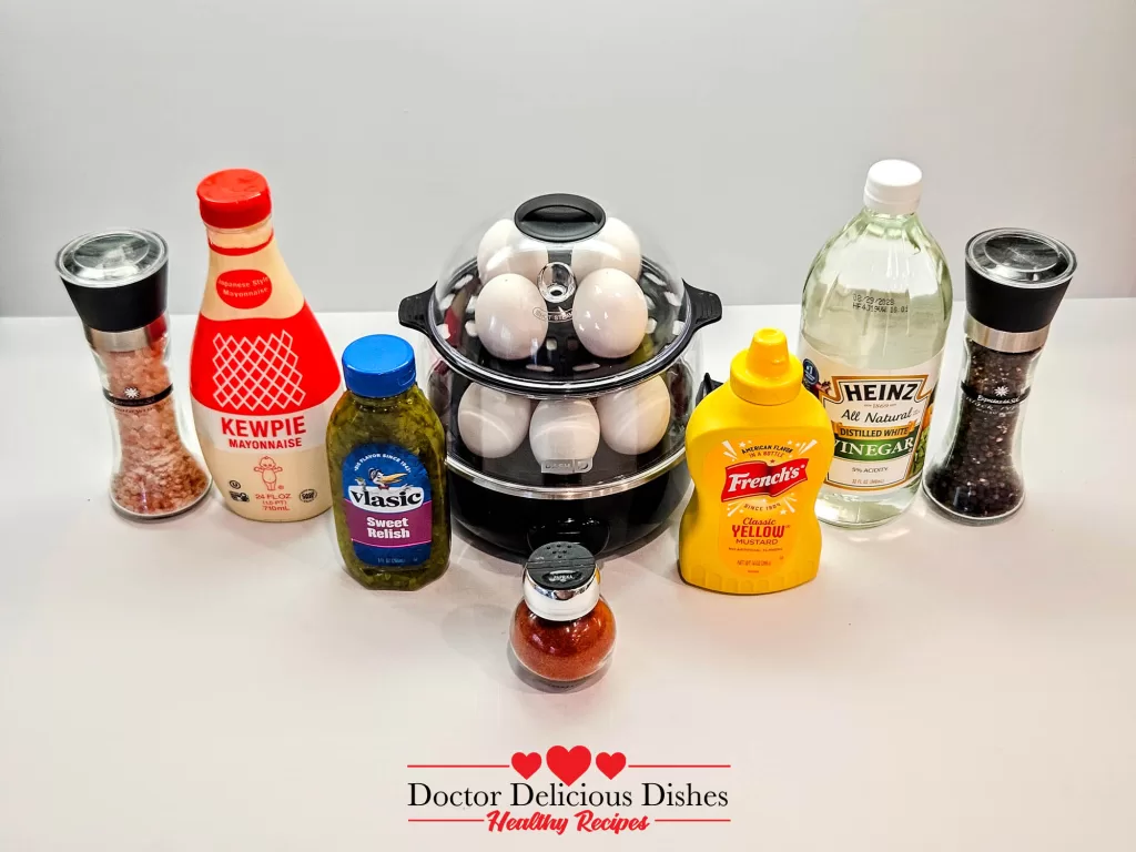 Deviled Eggs Recipe – display of ingredients including eggs, mayonnaise, mustard, relish, and vinegar
