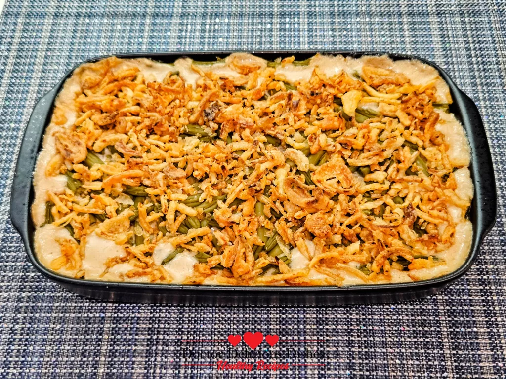 Green bean casserole recipe baked with crispy fried onions until golden and bubbly