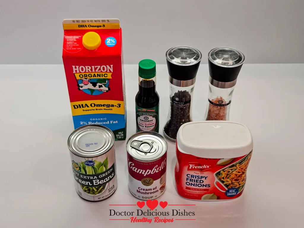 Ingredients for green bean casserole recipe including Campbell’s cream of mushroom soup, green beans, soy sauce, and fried onions.