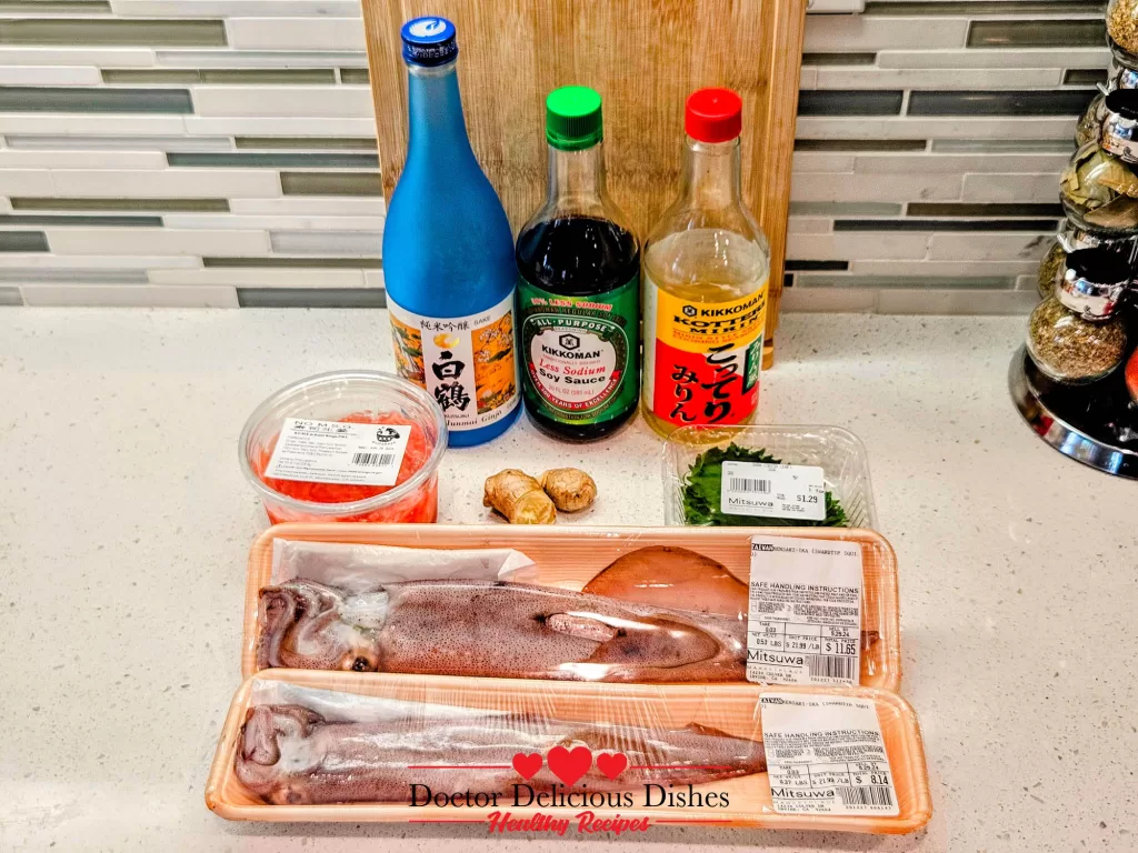 Ingredients for Japanese grilled squid (Ikayaki) including fresh squid, soy sauce, mirin, sake, ginger, and pickled ginger.