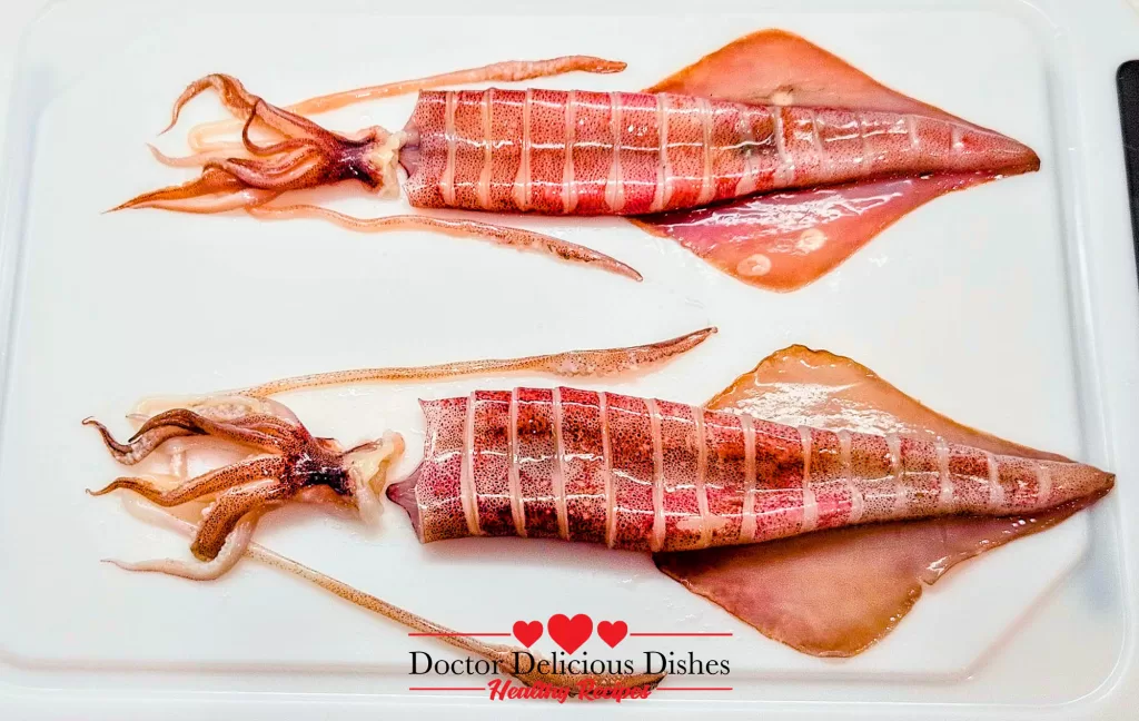 Squid bodies scored in crosshatch pattern to tenderize and absorb marinade for Japanese grilled squid (Ikayaki).