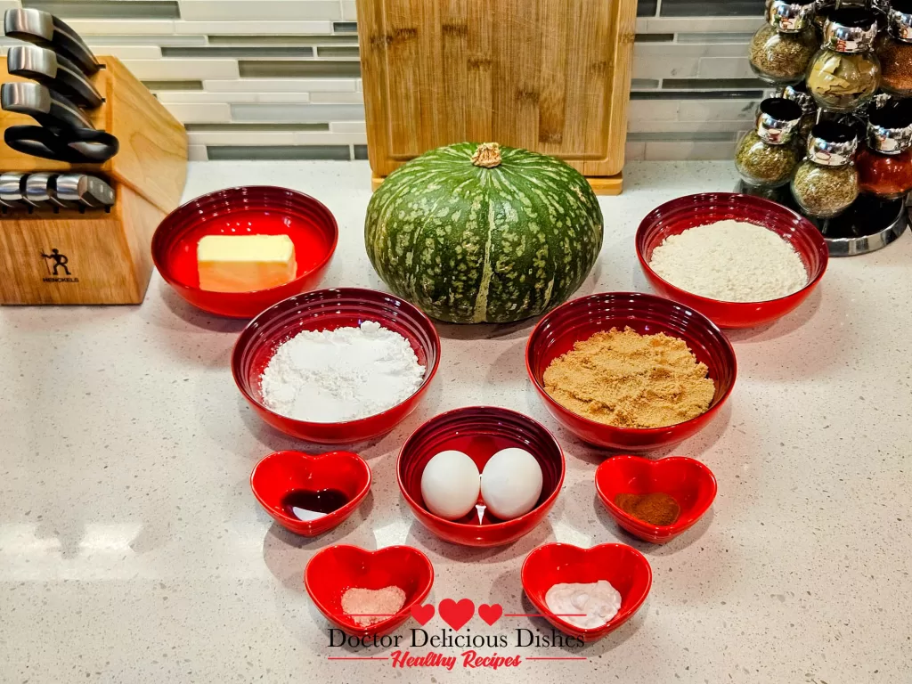 Ingredients ready for making Easy Halloween Kabocha Pumpkin Cake recipe.