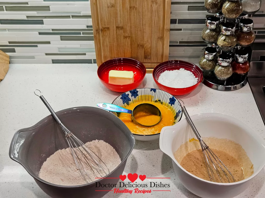 Wet and dry ingredients whisked separately before combining for Easy Halloween Kabocha Pumpkin Cake.
