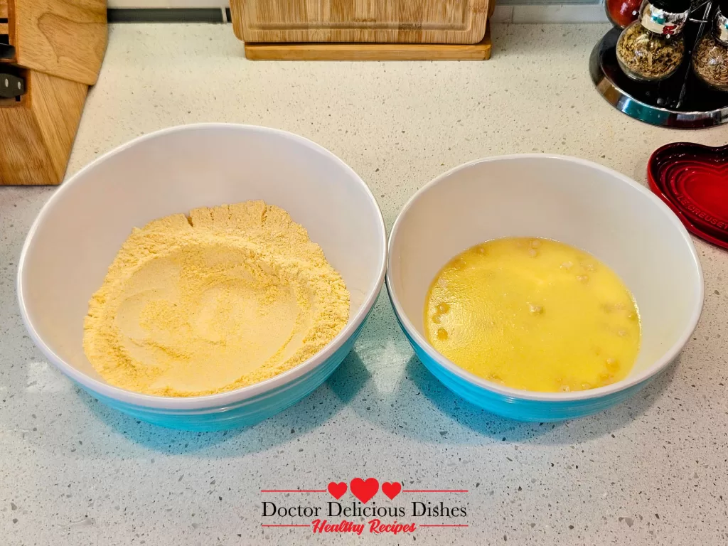 Preparing Southern cornbread recipe batter with dry and wet ingredients in separate bowls