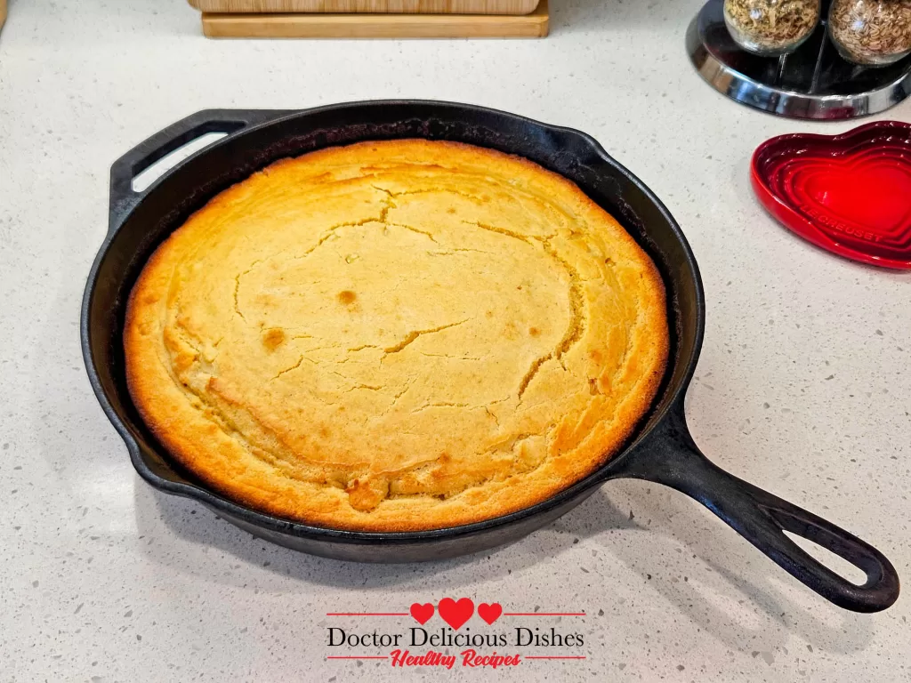 Golden Southern cornbread recipe baked in a cast iron skillet