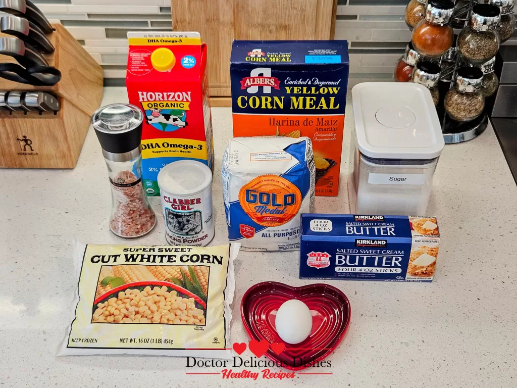 Ingredients for Southern cornbread recipe including cornmeal, flour, milk, butter, and eggs