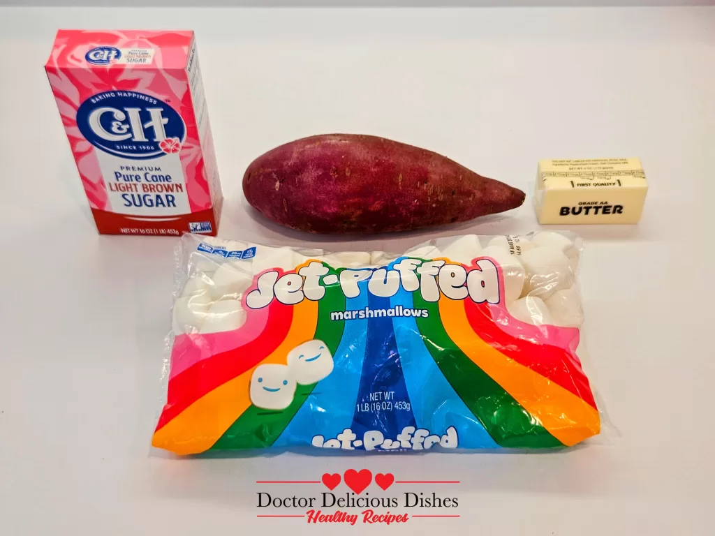 Ingredients for sweet potato casserole recipe with marshmallows, including sweet potatoes, butter, brown sugar, and Jet-Puffed marshmallows.