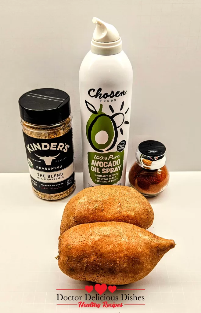 Ingredients for air fryer sweet potato fries including sweet potatoes, Kinder’s The Blend, avocado oil spray, and paprika – Doctor Delicious Dishes