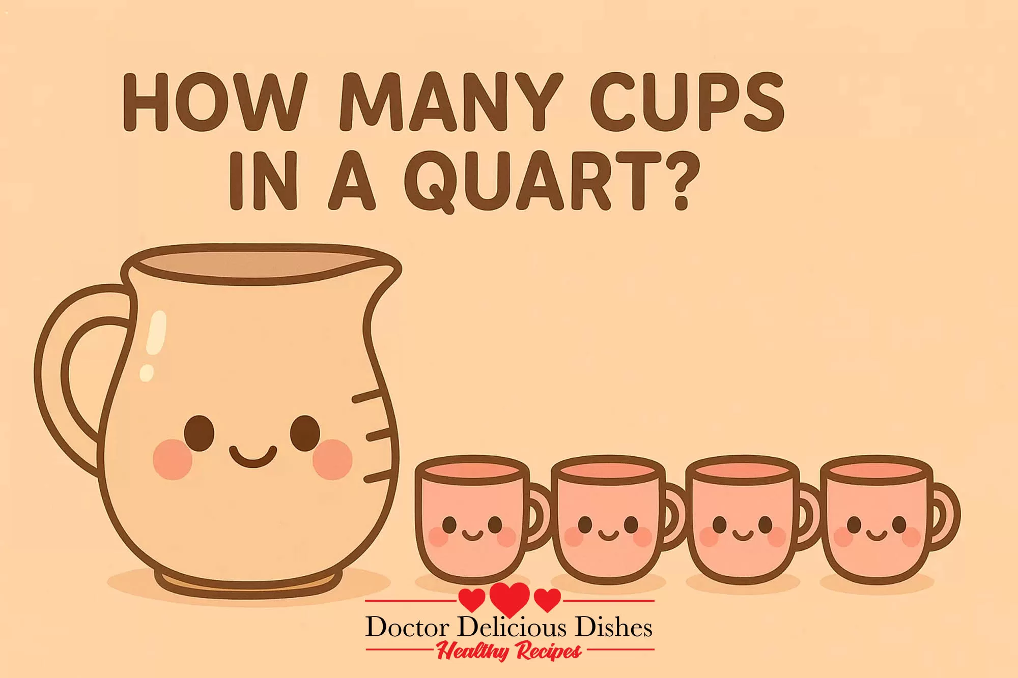 Adorable pitcher and cups illustration showing how many cups make a quart — Doctor Delicious Dishes kawaii conversion graphic.