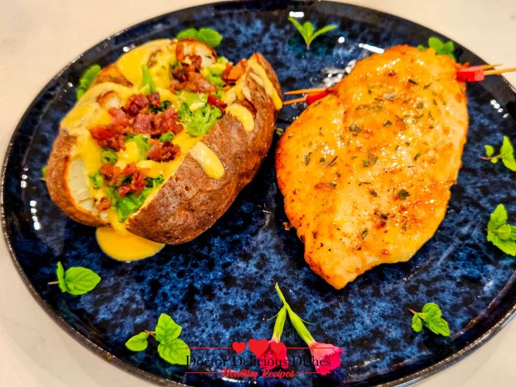 Close up of loaded air fryer baked potato topped with broccoli bacon bits and nacho cheese sauce beside cooked chicken breast