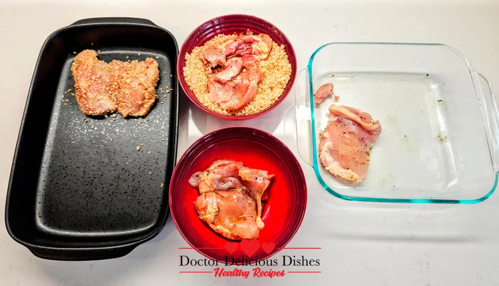 Chicken thighs being coated in dredge and panko during the air fryer chicken katsu breading process.
