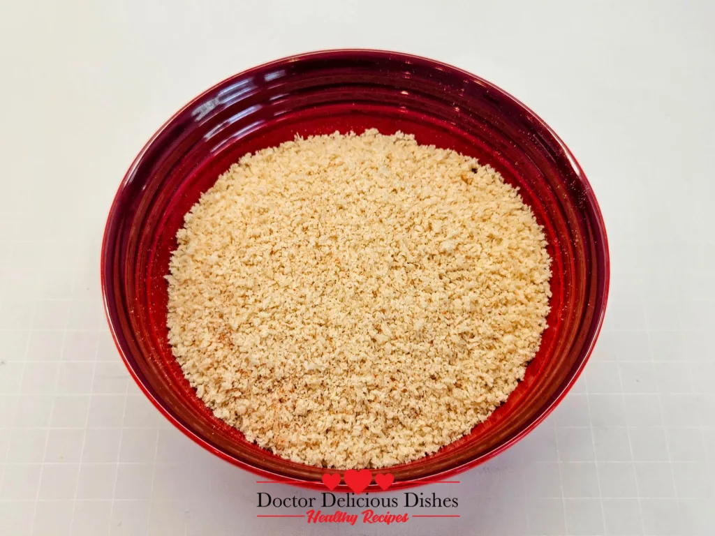 Crispy panko breadcrumb mixture prepared for coating air fryer chicken katsu.
