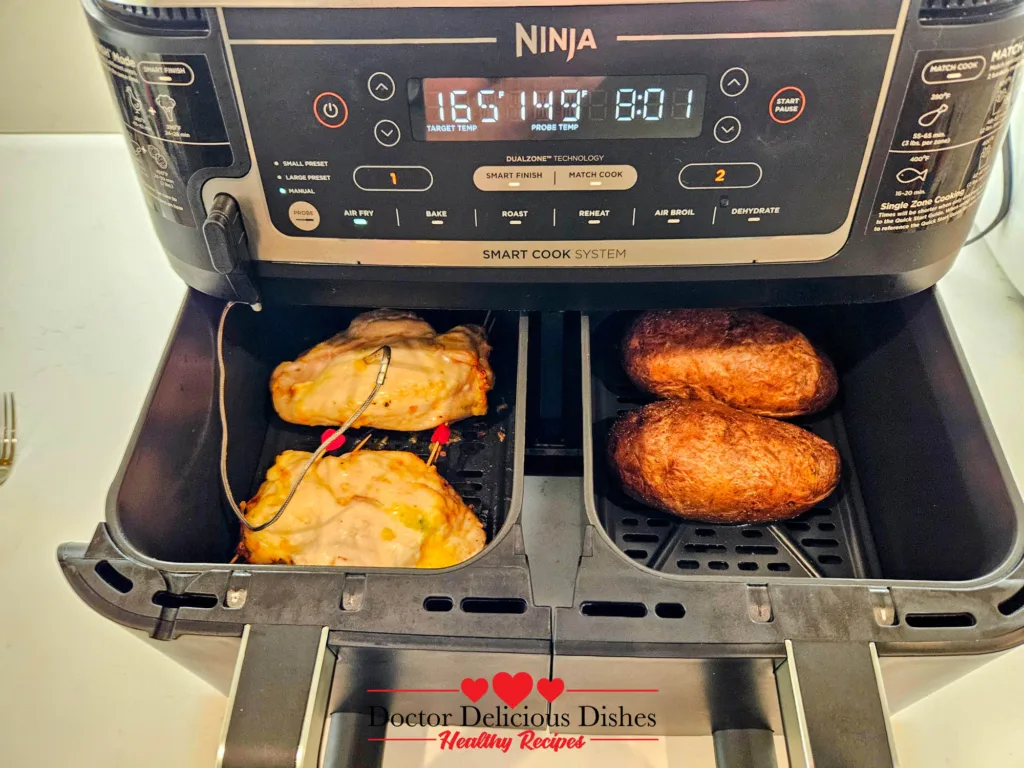 air fryer stuffed chicken breast reaching 165 degrees with probe inside ninja dz550
