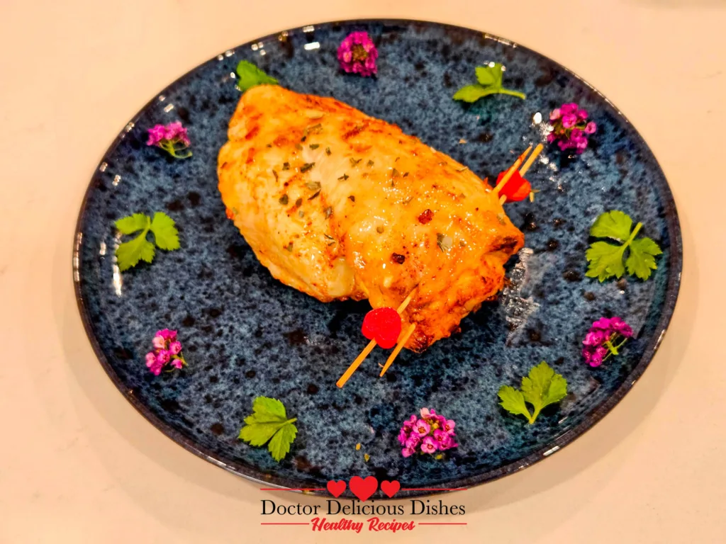 closeup of finished air fryer stuffed chicken breast plated with fresh garnish