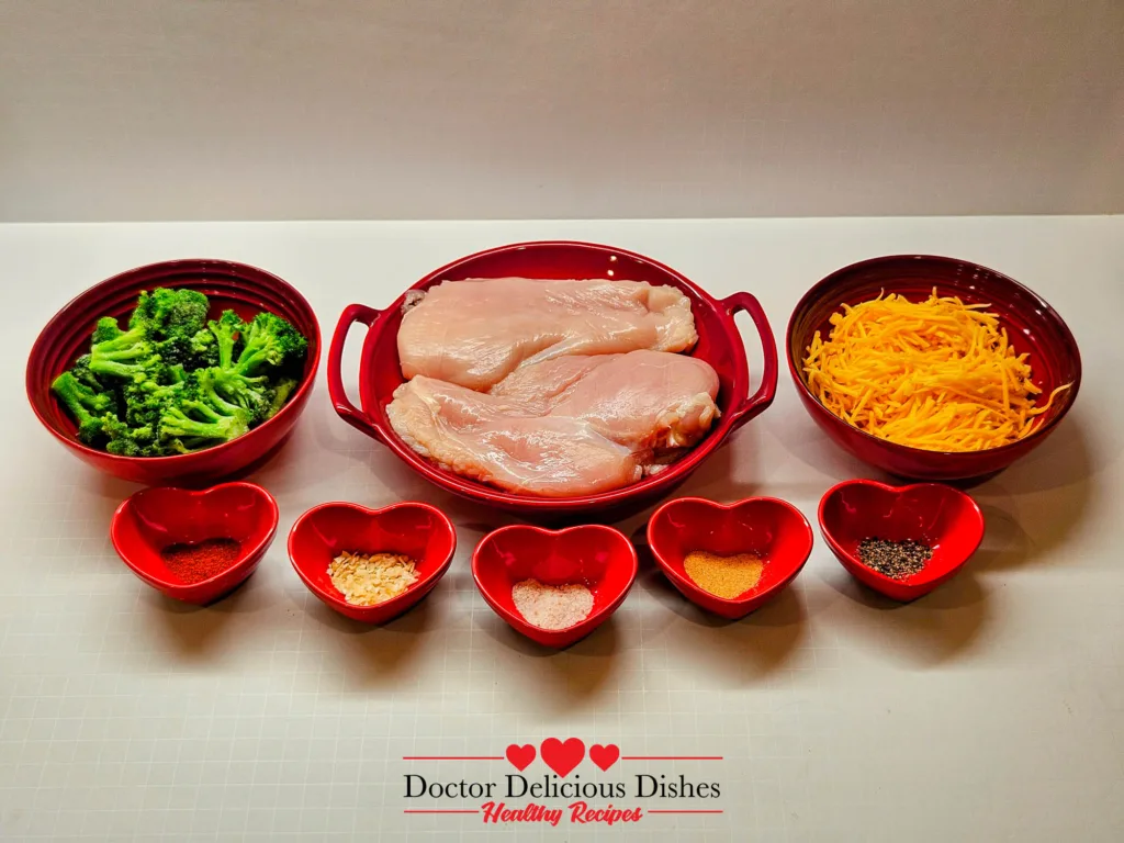 ingredients for air fryer stuffed chicken breast including chicken broccoli cheddar and seasonings
