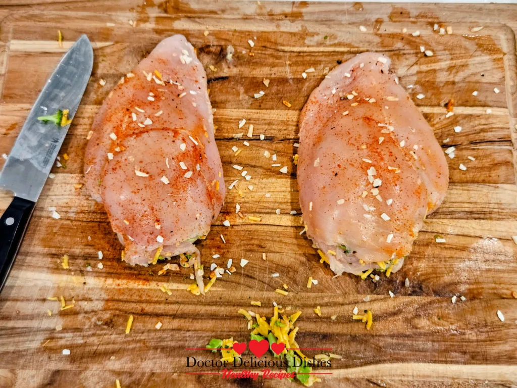 seasoned stuffed chicken breasts on cutting board before securing for air fryer cooking