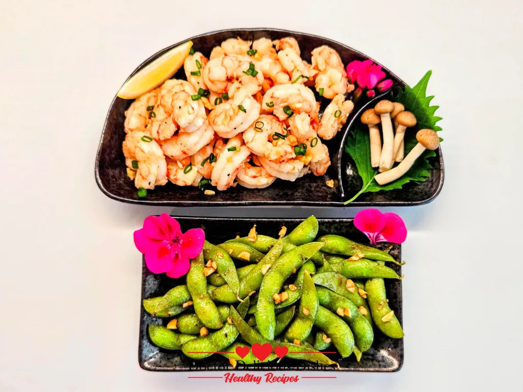 Garlic Butter Shrimp served with garlic–soy edamame as a Japanese-style dual air fryer meal.